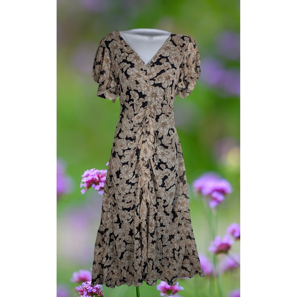 Tommy Hilfiger Sz 10 Floral V-Neck Midi Maxi Dress Black Tan Ruffle Puff Sl.
